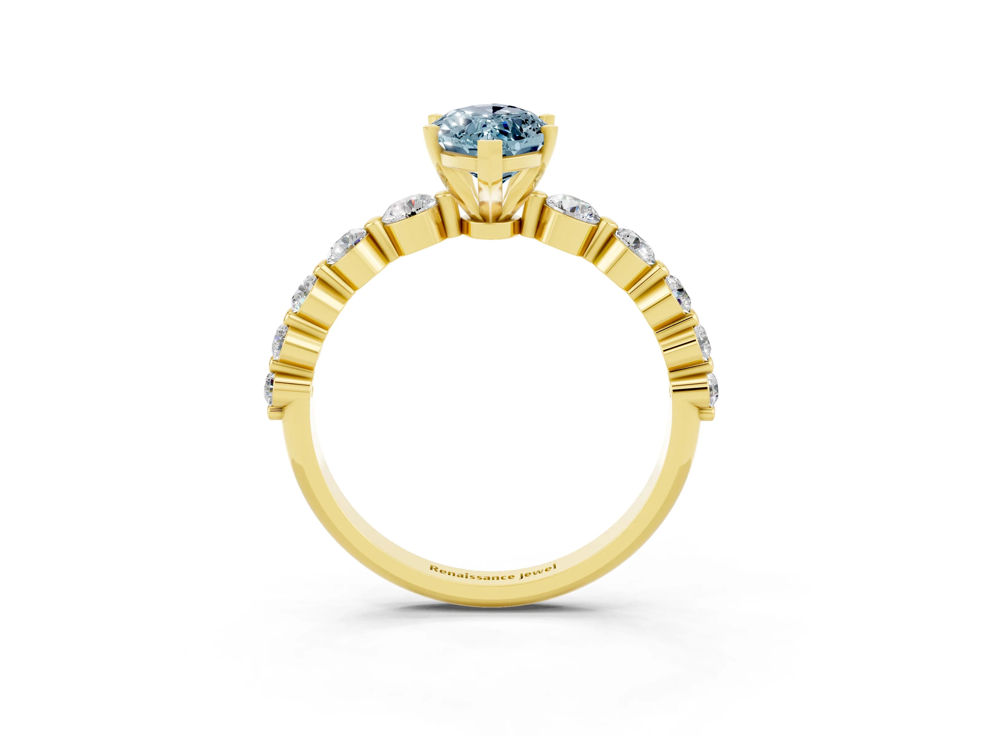Yellow gold Marquise Cut Solitaire Aquamarine Ring with Pave Band and Four-Prong Setting_3