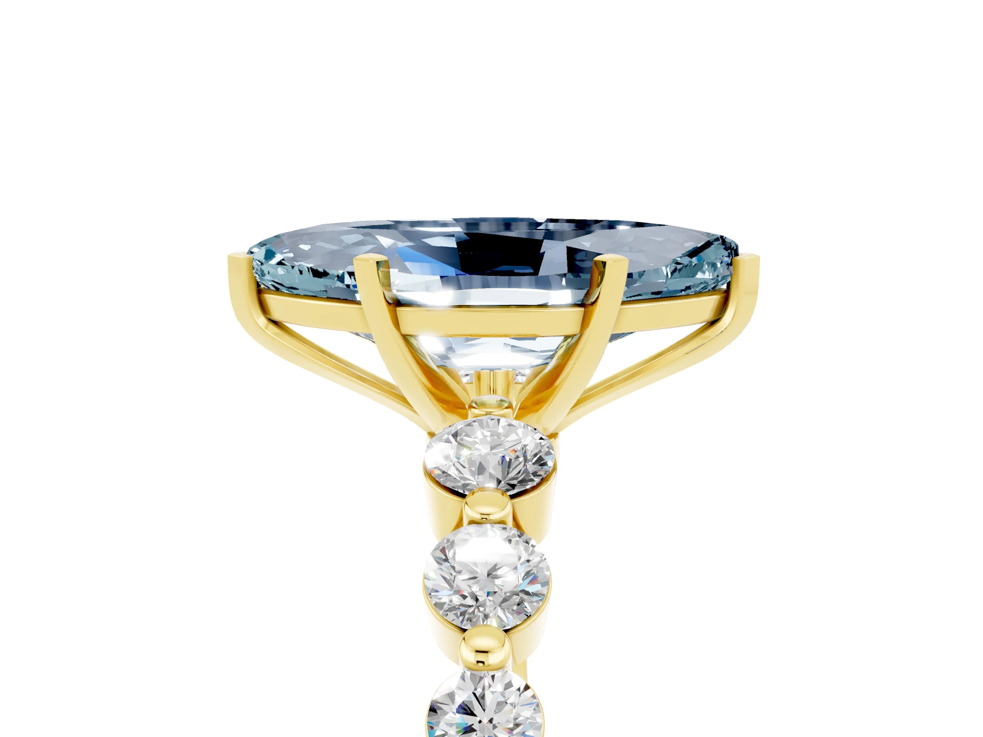 Yellow gold Marquise Cut Solitaire Aquamarine Ring with Pave Band and Four-Prong Setting_5