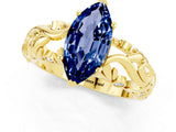 Yellow gold Marquise Cut Solitaire Blue Sapphire Leaf-Inspired Vine Band Ring with Prong Setting_1