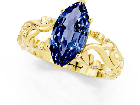 Yellow gold Marquise Cut Solitaire Blue Sapphire Leaf-Inspired Vine Band Ring with Prong Setting_1