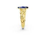 Yellow gold Marquise Cut Solitaire Blue Sapphire Leaf-Inspired Vine Band Ring with Prong Setting_2