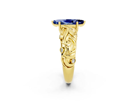 Yellow gold Marquise Cut Solitaire Blue Sapphire Leaf-Inspired Vine Band Ring with Prong Setting_2