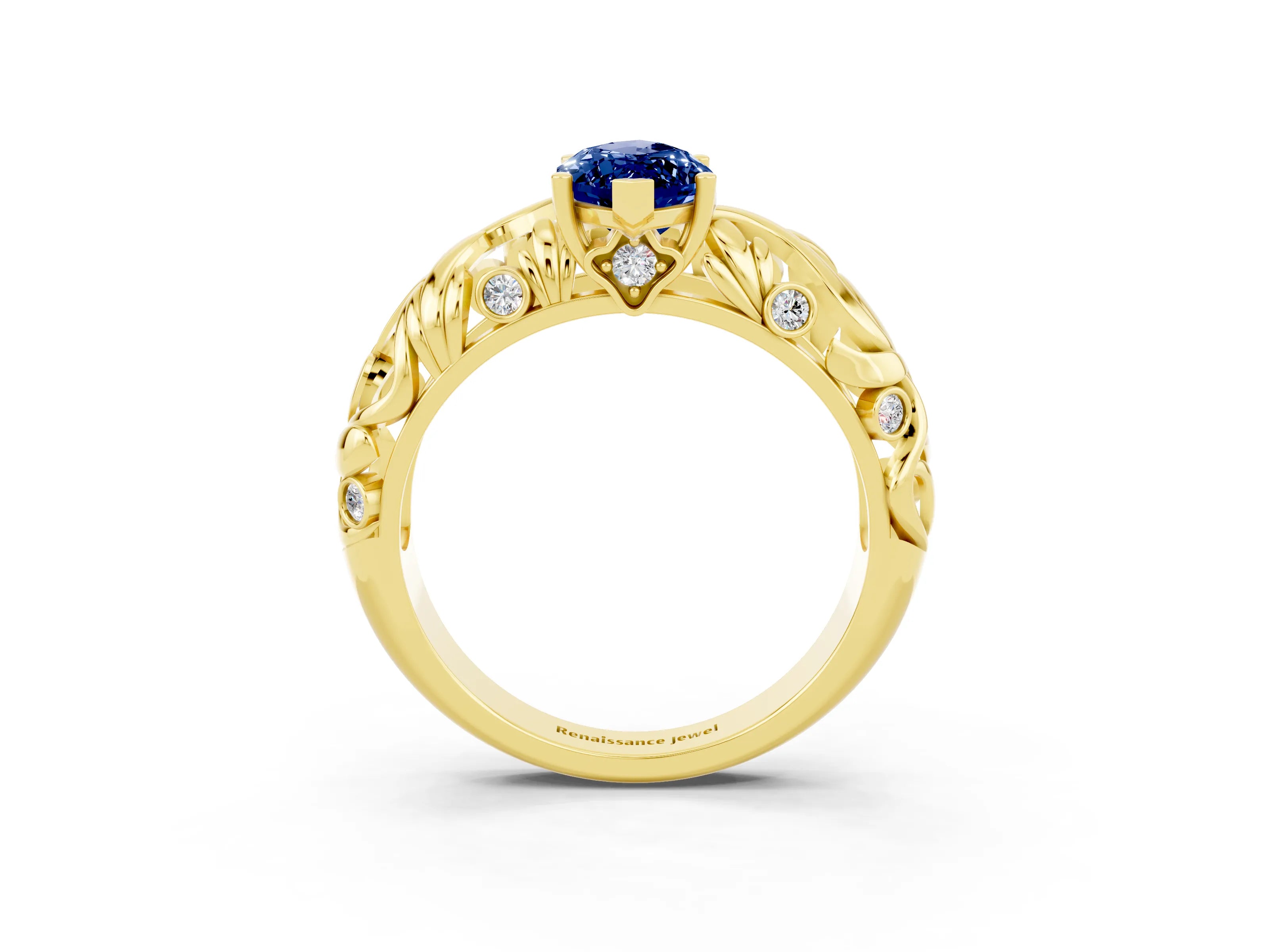 Yellow gold Marquise Cut Solitaire Blue Sapphire Leaf-Inspired Vine Band Ring with Prong Setting_3