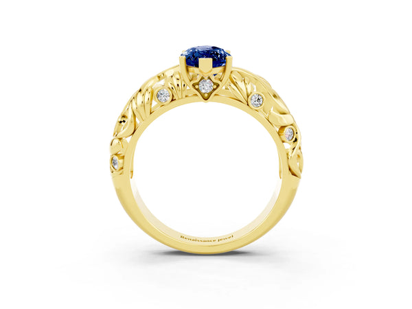 Yellow gold Marquise Cut Solitaire Blue Sapphire Leaf-Inspired Vine Band Ring with Prong Setting