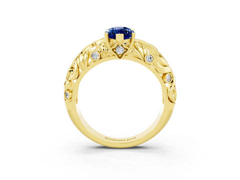 Yellow gold Marquise Cut Solitaire Blue Sapphire Leaf-Inspired Vine Band Ring with Prong Setting_3