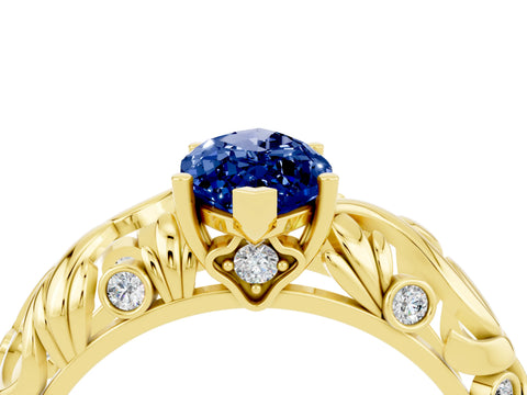 Yellow gold Marquise Cut Solitaire Blue Sapphire Leaf-Inspired Vine Band Ring with Prong Setting_4