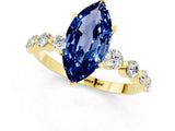 Yellow gold Marquise Cut Solitaire Blue Sapphire Ring with Pave Band and Four-Prong Setting_1