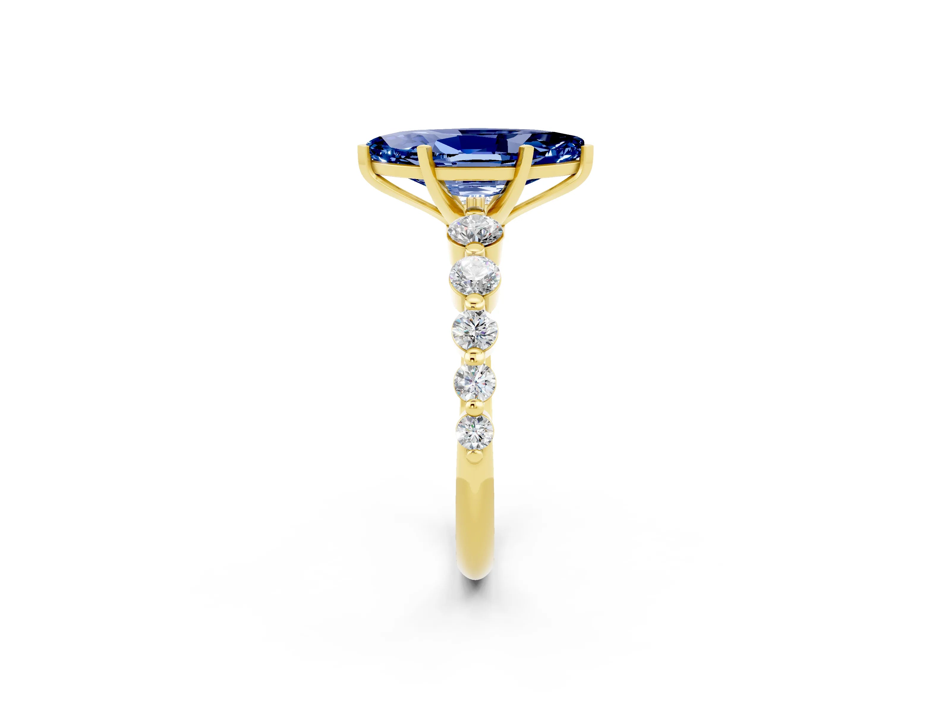 Yellow gold Marquise Cut Solitaire Blue Sapphire Ring with Pave Band and Four-Prong Setting_2