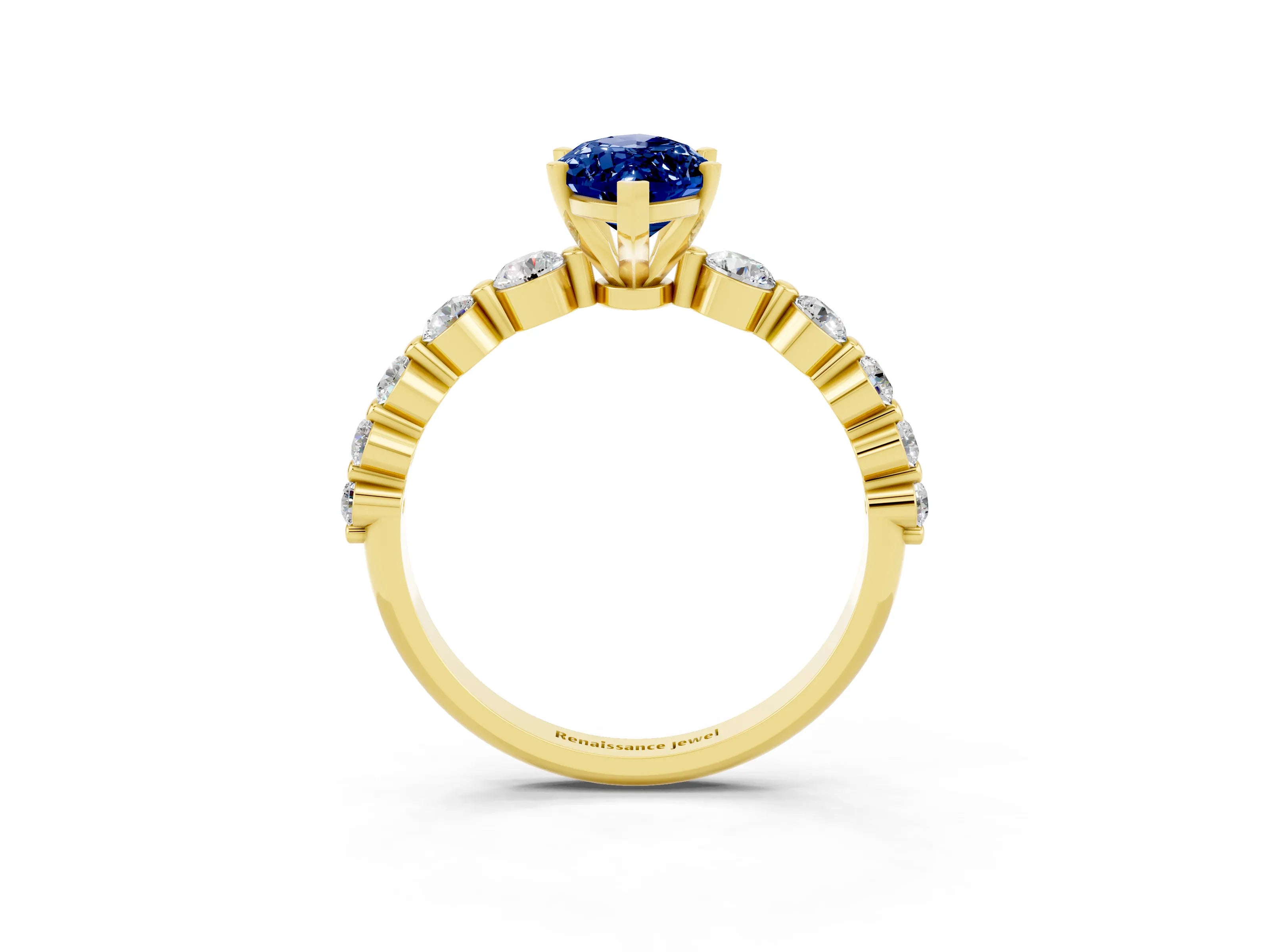 Yellow gold Marquise Cut Solitaire Blue Sapphire Ring with Pave Band and Four-Prong Setting_3