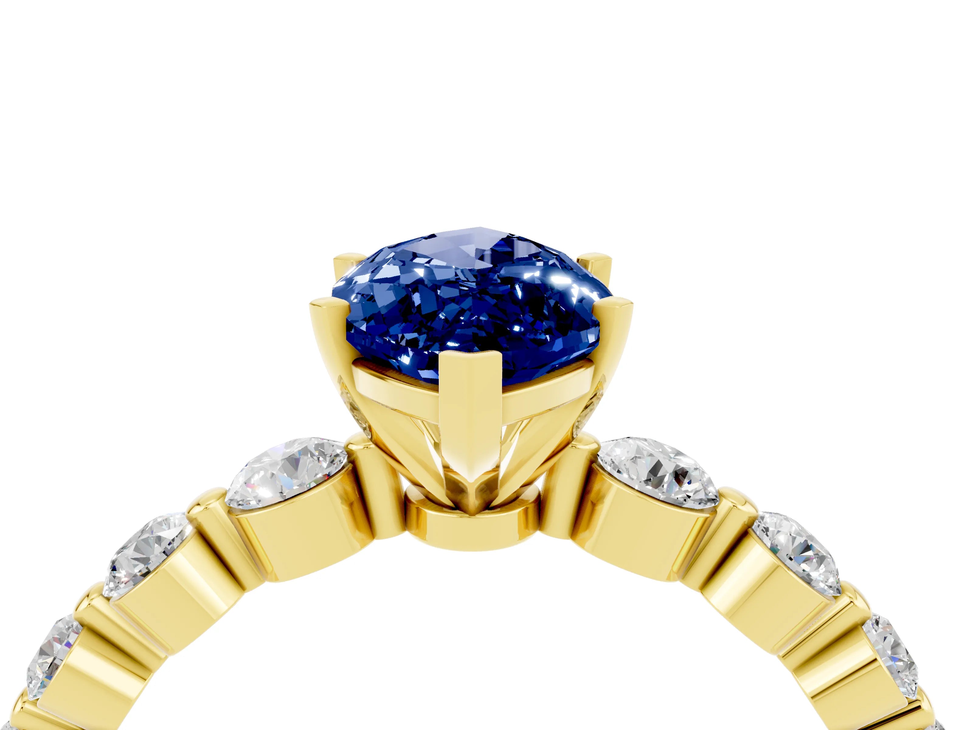 Yellow gold Marquise Cut Solitaire Blue Sapphire Ring with Pave Band and Four-Prong Setting_4