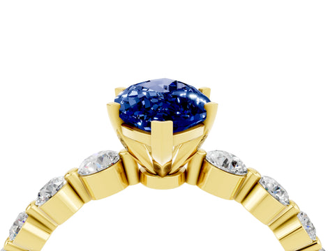 Yellow gold Marquise Cut Solitaire Blue Sapphire Ring with Pave Band and Four-Prong Setting_4