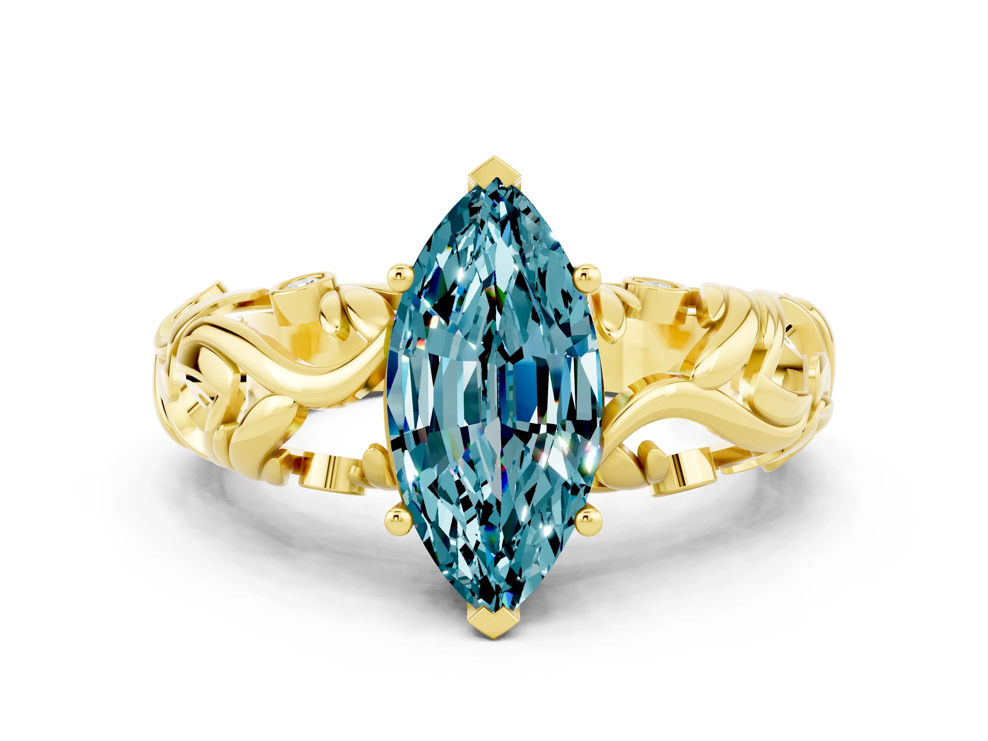 Yellow gold Marquise Cut Solitaire Blue Topaz Leaf-Inspired Vine Band Ring with Prong Setting