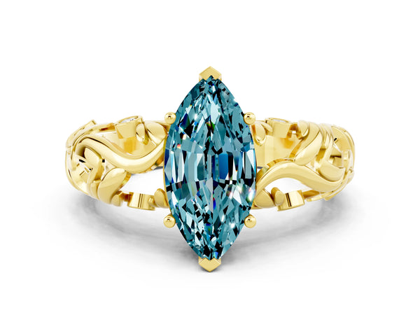 Yellow gold Marquise Cut Solitaire Blue Topaz Leaf-Inspired Vine Band Ring with Prong Setting