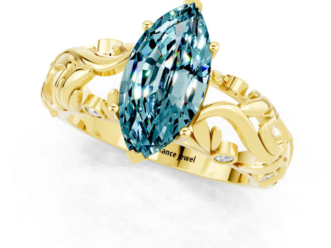 Yellow gold Marquise Cut Solitaire Blue Topaz Leaf-Inspired Vine Band Ring with Prong Setting_1