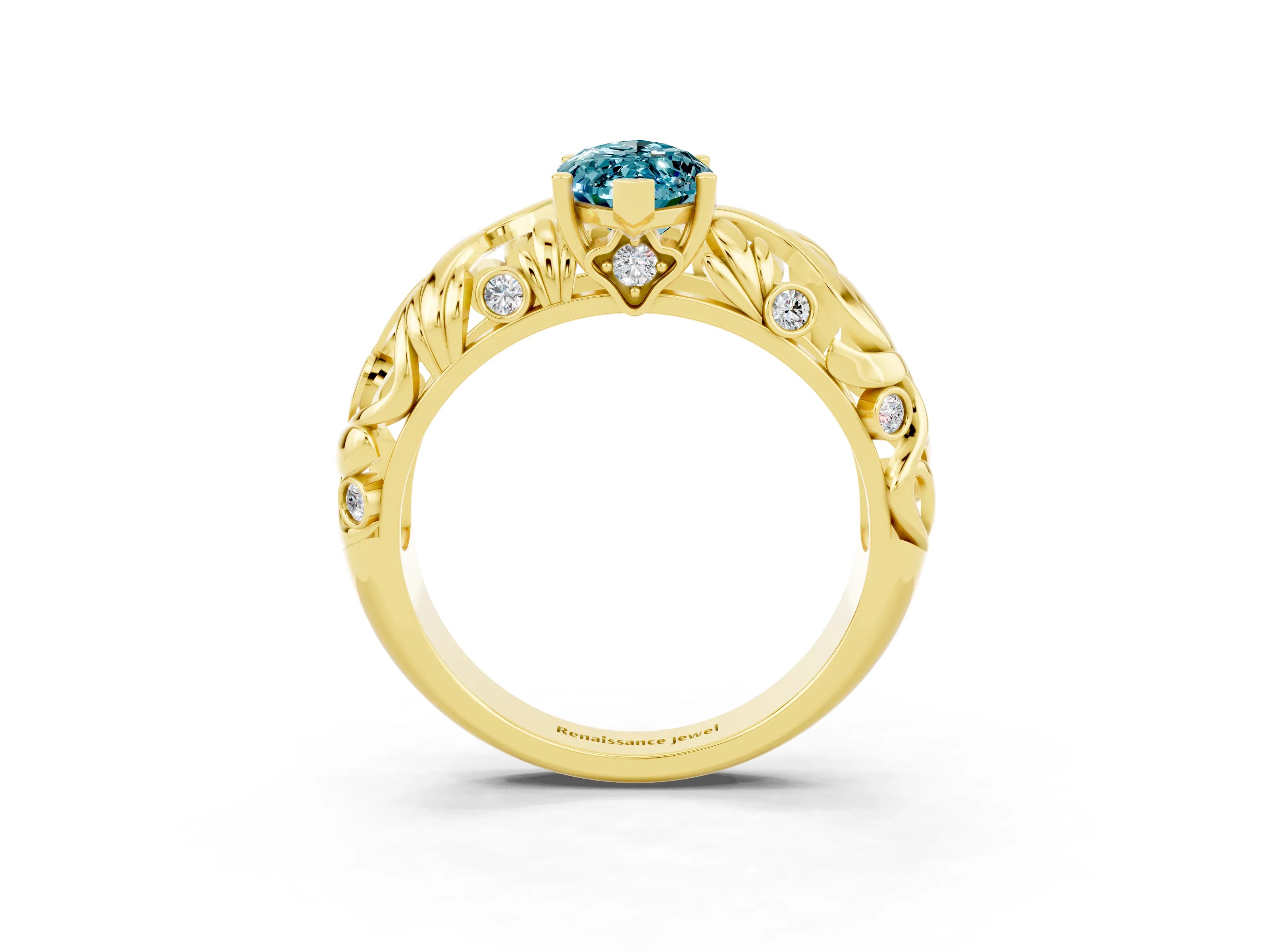 Yellow gold Marquise Cut Solitaire Blue Topaz Leaf-Inspired Vine Band Ring with Prong Setting_3