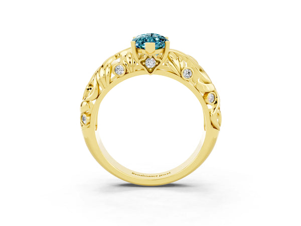 Yellow gold Marquise Cut Solitaire Blue Topaz Leaf-Inspired Vine Band Ring with Prong Setting