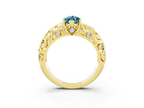 Yellow gold Marquise Cut Solitaire Blue Topaz Leaf-Inspired Vine Band Ring with Prong Setting_3