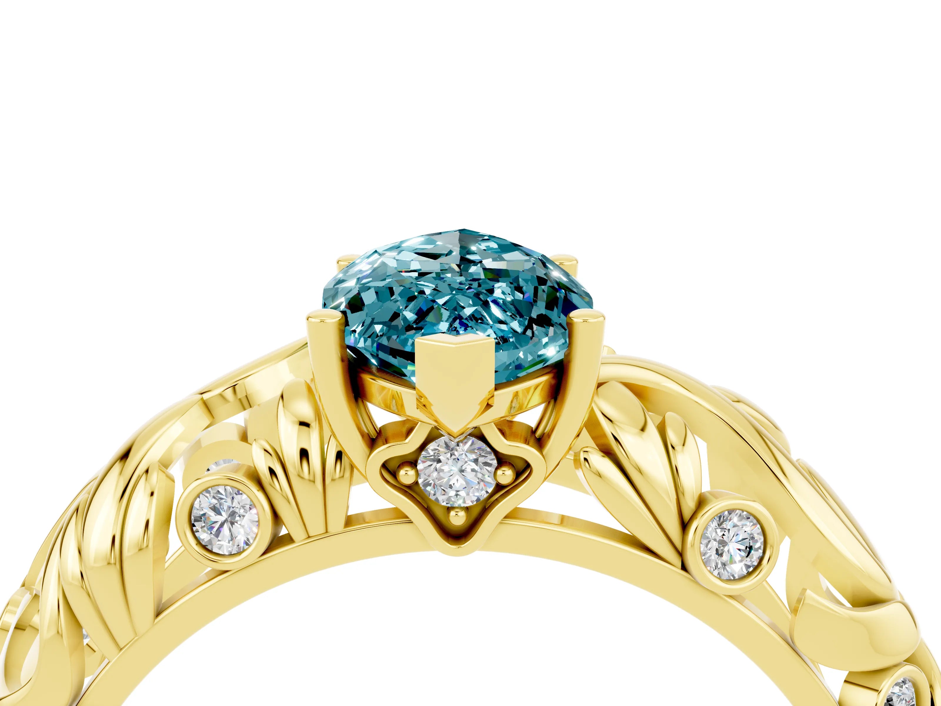 Yellow gold Marquise Cut Solitaire Blue Topaz Leaf-Inspired Vine Band Ring with Prong Setting_4
