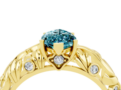 Yellow gold Marquise Cut Solitaire Blue Topaz Leaf-Inspired Vine Band Ring with Prong Setting_4