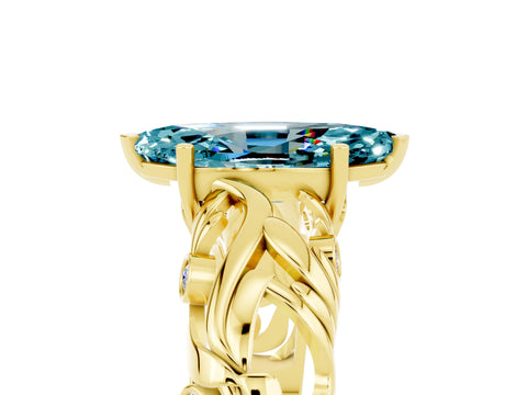 Yellow gold Marquise Cut Solitaire Blue Topaz Leaf-Inspired Vine Band Ring with Prong Setting_5