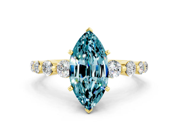 Yellow gold Marquise Cut Solitaire Blue Topaz Ring with Pave Band and Four-Prong Setting