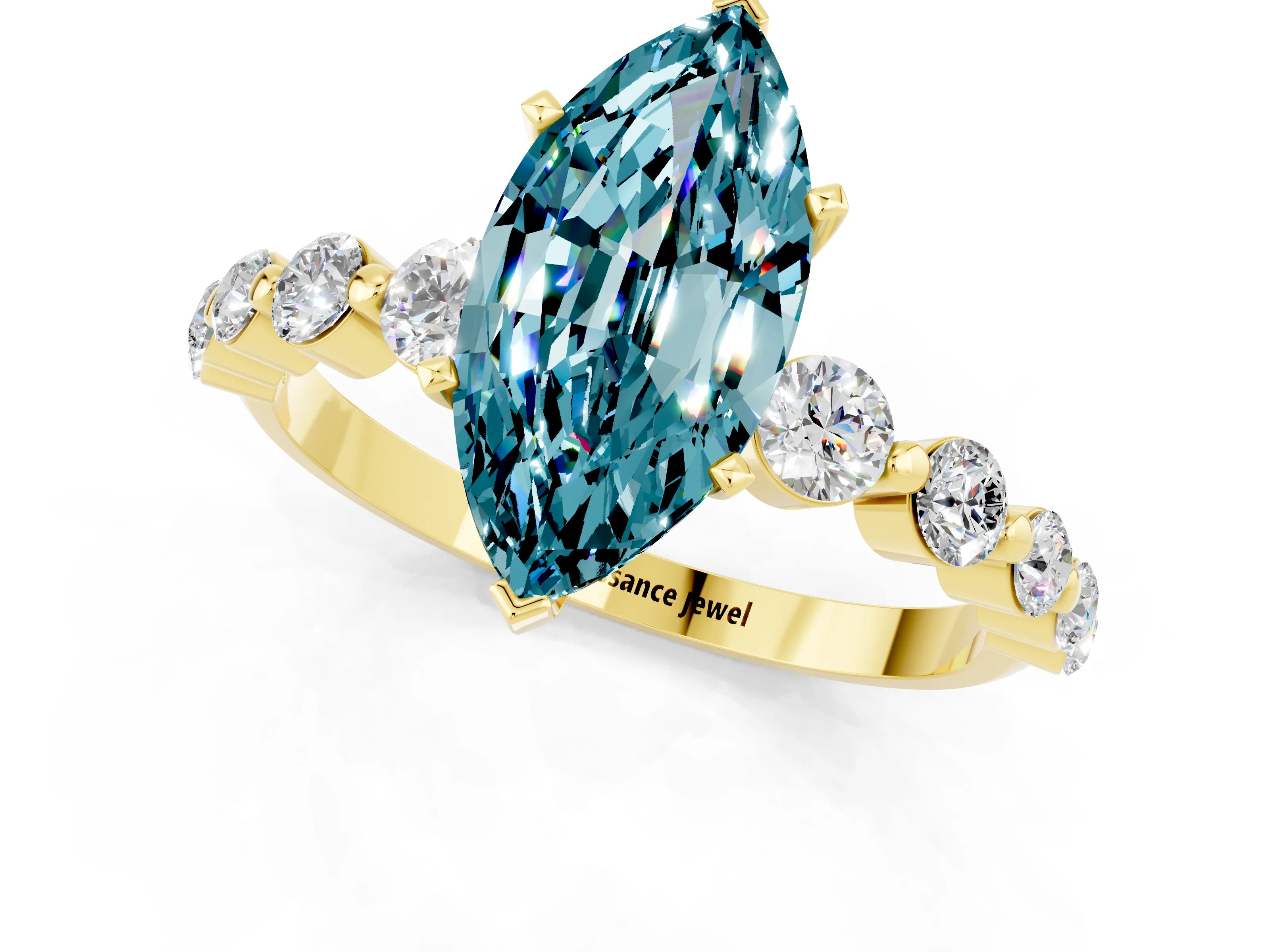 Yellow gold Marquise Cut Solitaire Blue Topaz Ring with Pave Band and Four-Prong Setting_1