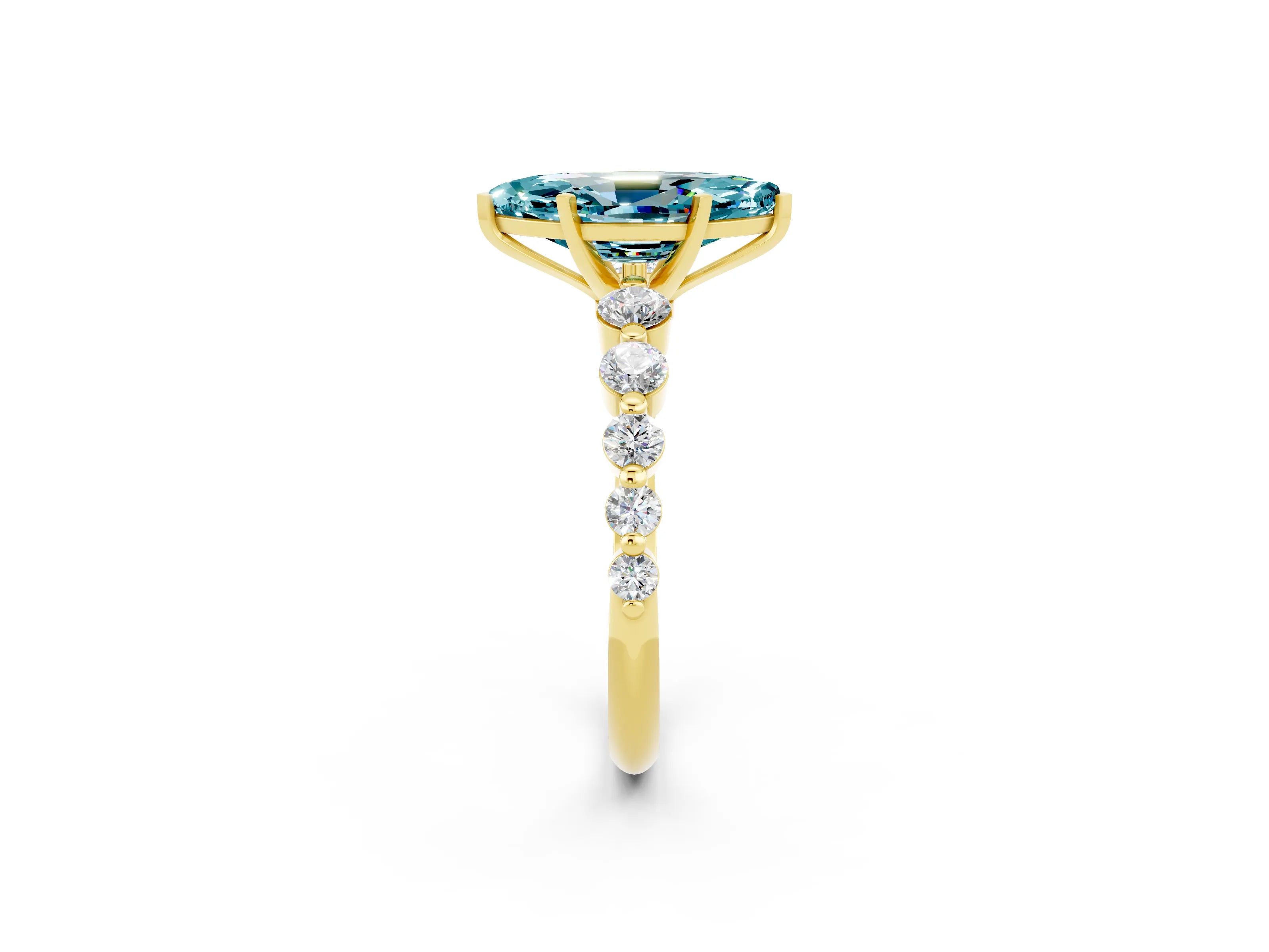 Yellow gold Marquise Cut Solitaire Blue Topaz Ring with Pave Band and Four-Prong Setting_2