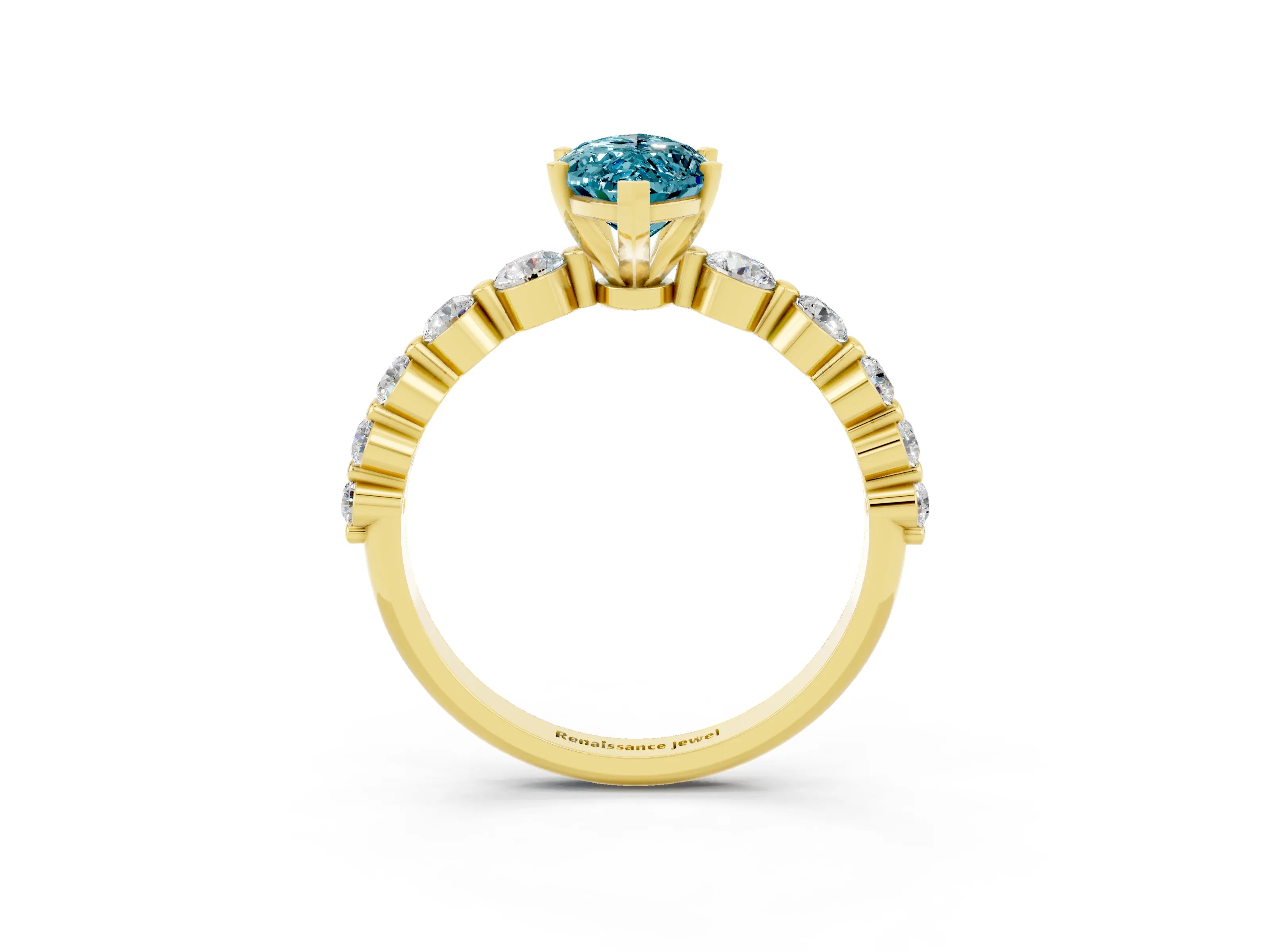 Yellow gold Marquise Cut Solitaire Blue Topaz Ring with Pave Band and Four-Prong Setting_3