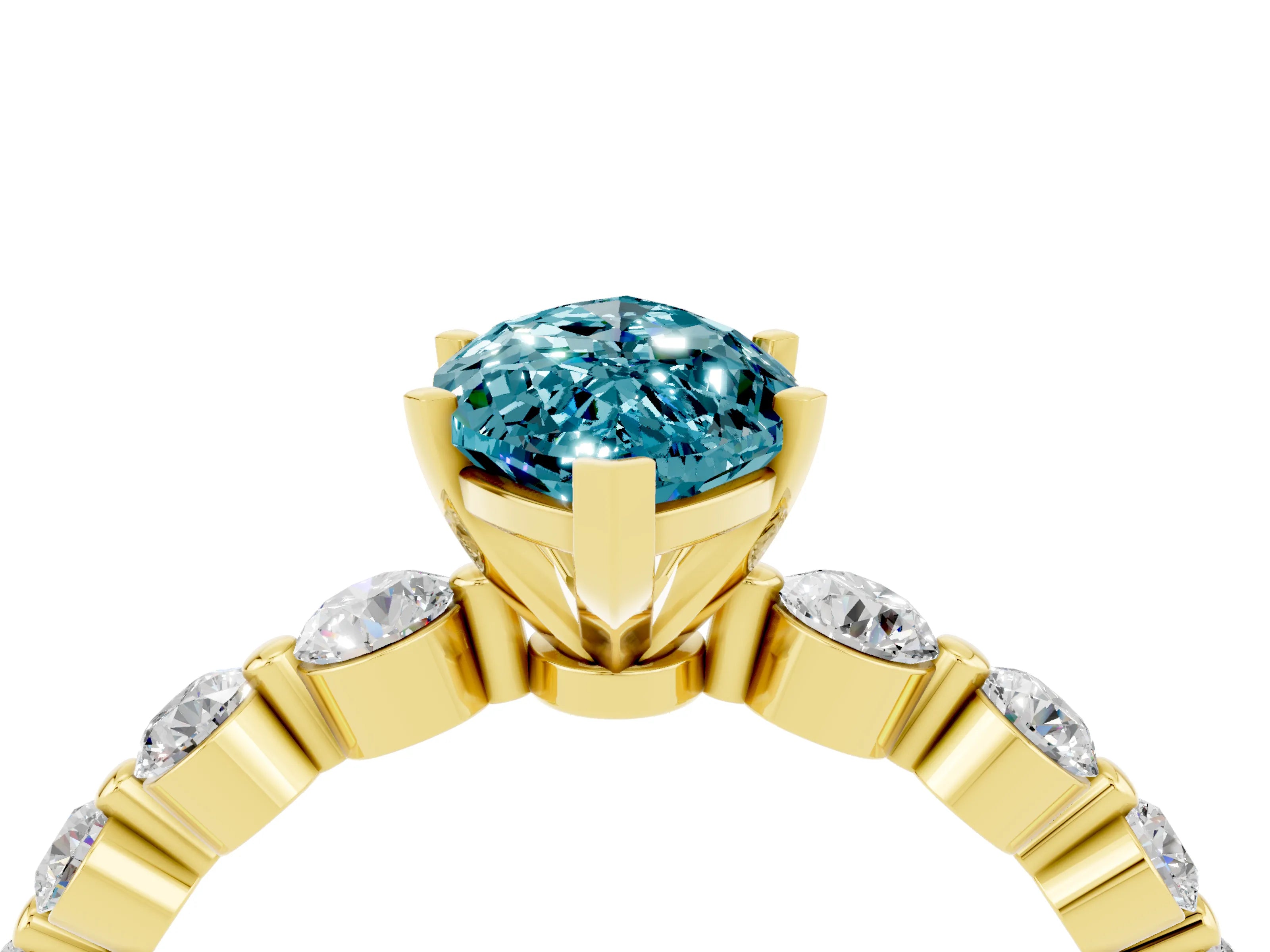 Yellow gold Marquise Cut Solitaire Blue Topaz Ring with Pave Band and Four-Prong Setting_4