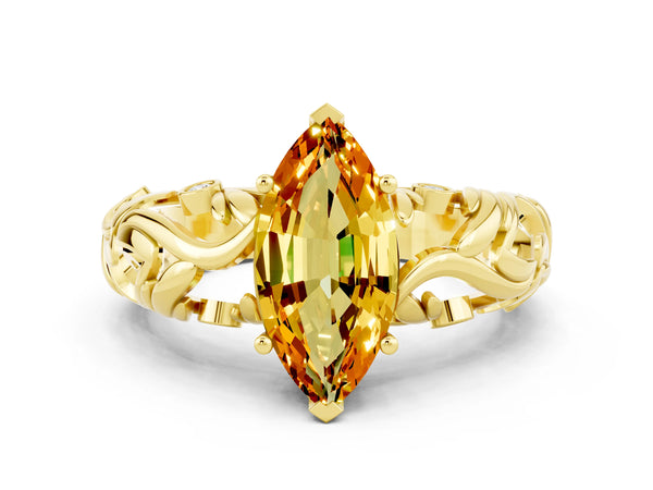 Yellow gold Marquise Cut Solitaire Citrine Leaf-Inspired Vine Band Ring with Prong Setting