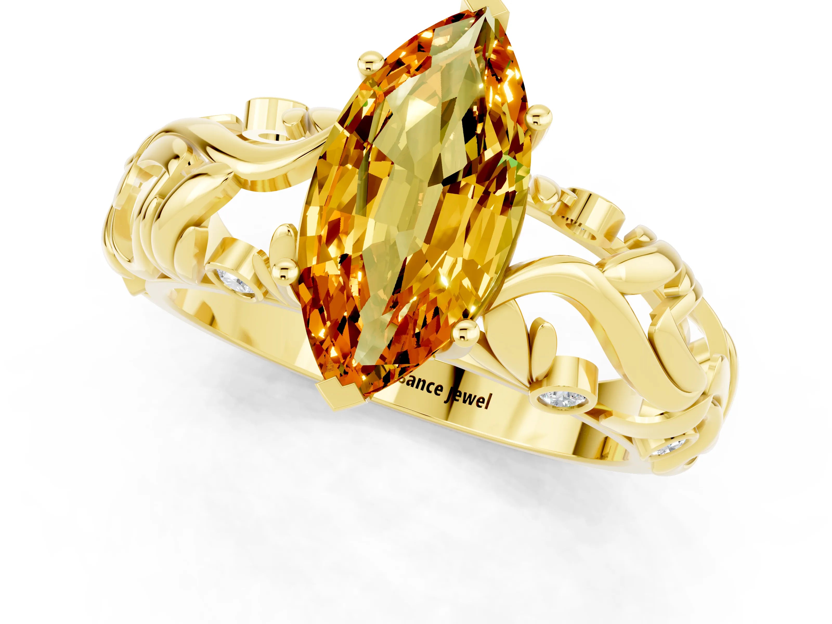 Yellow gold Marquise Cut Solitaire Citrine Leaf-Inspired Vine Band Ring with Prong Setting_1