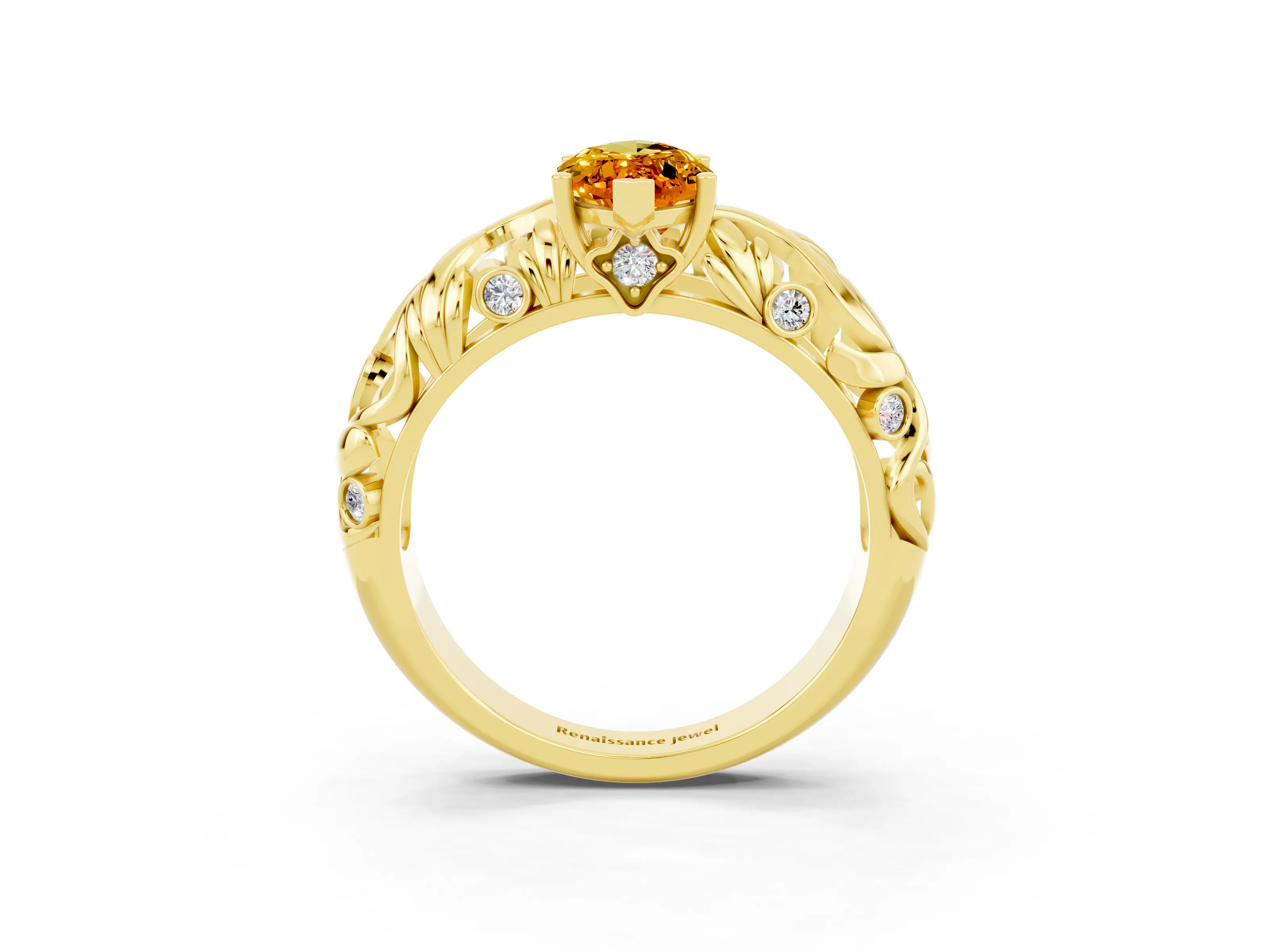 Yellow gold Marquise Cut Solitaire Citrine Leaf-Inspired Vine Band Ring with Prong Setting_3