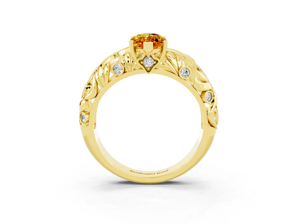 Yellow gold Marquise Cut Solitaire Citrine Leaf-Inspired Vine Band Ring with Prong Setting