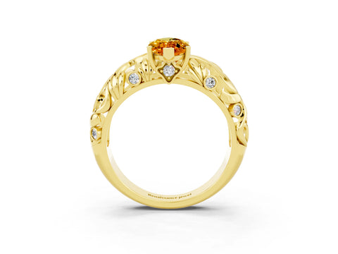Yellow gold Marquise Cut Solitaire Citrine Leaf-Inspired Vine Band Ring with Prong Setting_3