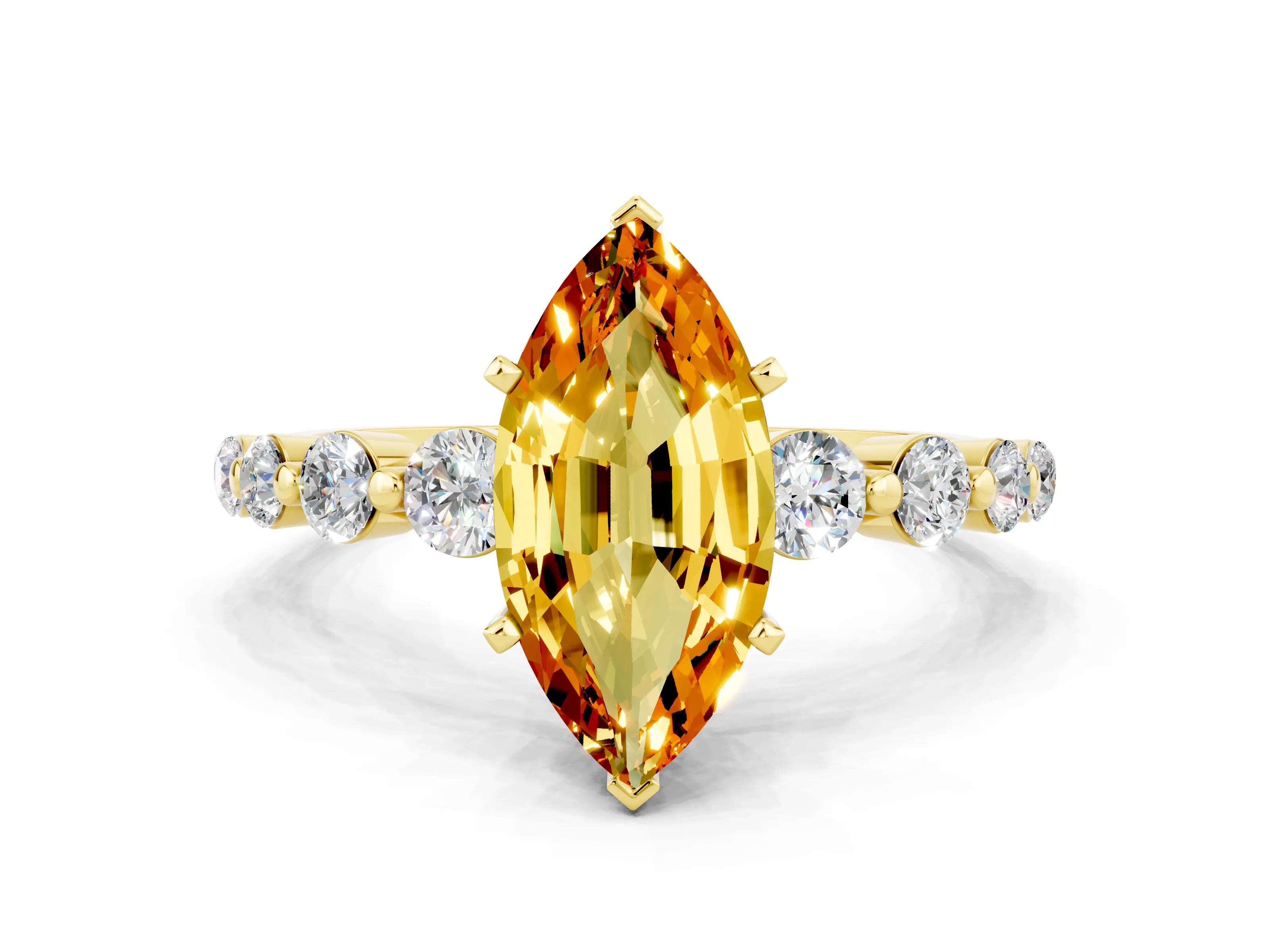 Yellow gold Marquise Cut Solitaire Citrine Ring with Pave Band and Four-Prong Setting
