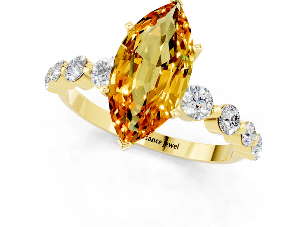 Yellow gold Marquise Cut Solitaire Citrine Ring with Pave Band and Four-Prong Setting