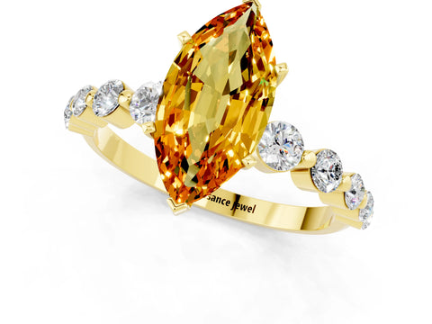 Yellow gold Marquise Cut Solitaire Citrine Ring with Pave Band and Four-Prong Setting_1