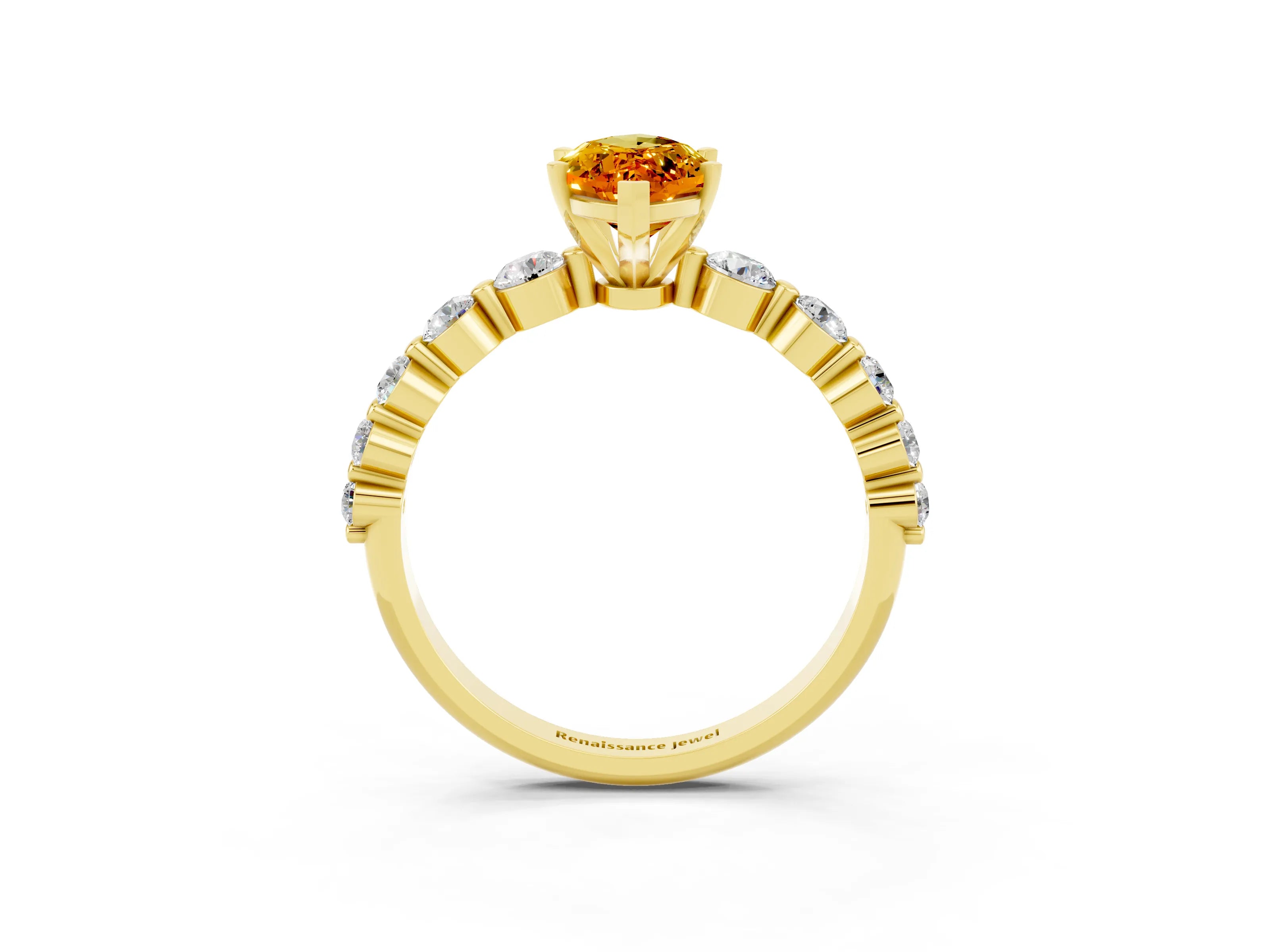Yellow gold Marquise Cut Solitaire Citrine Ring with Pave Band and Four-Prong Setting_3