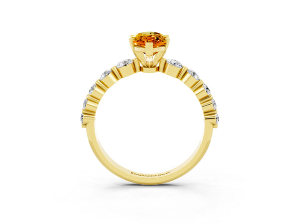 Yellow gold Marquise Cut Solitaire Citrine Ring with Pave Band and Four-Prong Setting