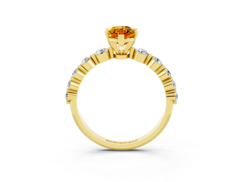 Yellow gold Marquise Cut Solitaire Citrine Ring with Pave Band and Four-Prong Setting_3