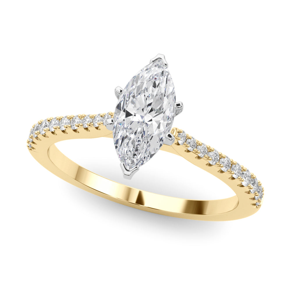 Yellow gold Marquise Cut Solitaire Diamond Engagement Ring with Pave Band and Four-Prong Setting