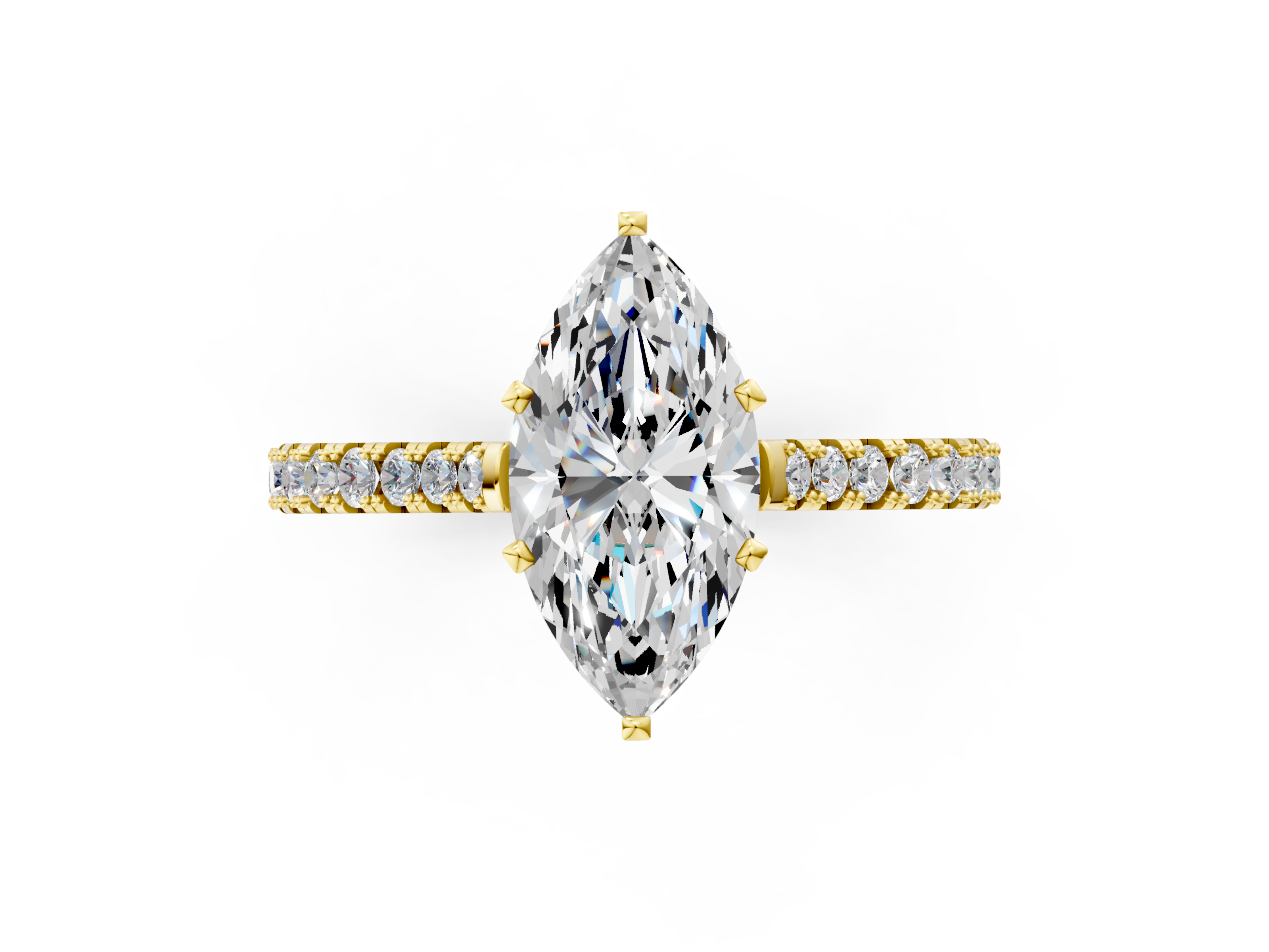 Yellow gold Marquise Cut Solitaire Diamond Engagement Ring with Pave Band and Four-Prong Setting_125