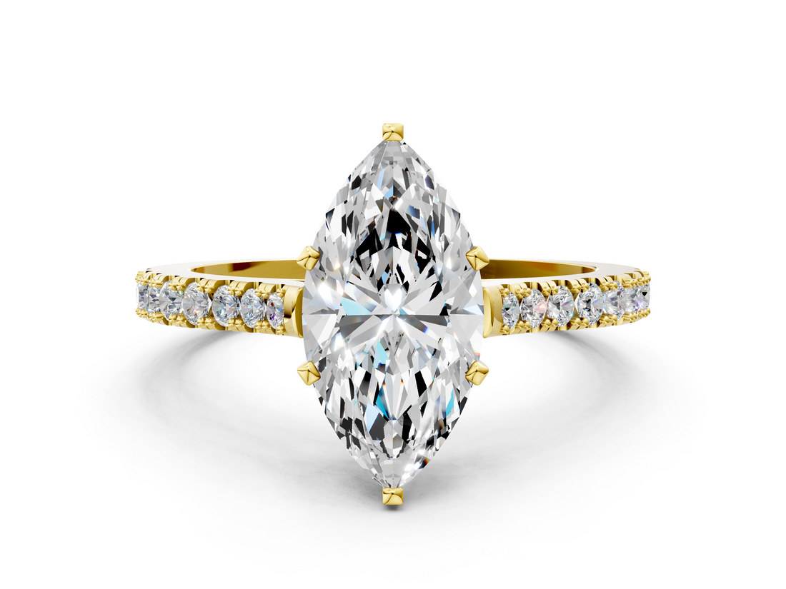 Yellow gold Marquise Cut Solitaire Diamond Engagement Ring with Pave Band and Four-Prong Setting_148