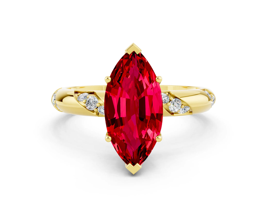 Yellow gold Marquise Cut Solitaire Diamond Engagement Ring with Twisted Pave Band and Four-Prong Setting