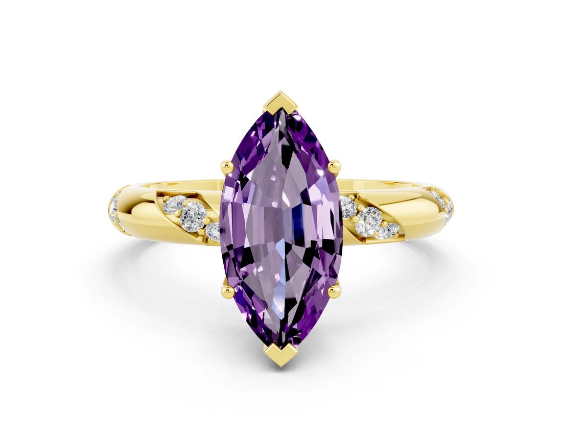 Yellow gold Marquise Cut Solitaire Diamond Engagement Ring with Twisted Pave Band and Four-Prong Setting