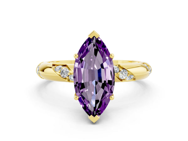Yellow gold Marquise Cut Amethyst Solitaire Engagement Ring with Twisted Round  Accent Band and Prong Setting