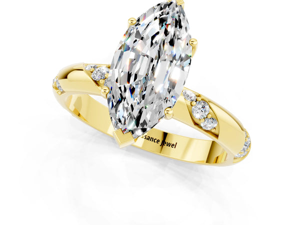 Yellow gold Marquise Cut Moissanite Solitaire Engagement Ring with Twisted Round  Accent Band and Prong Setting