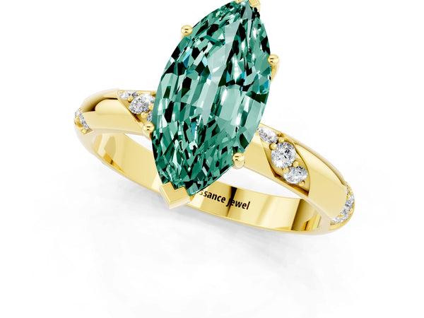 Yellow gold Marquise Cut Green Sapphire Solitaire Engagement Ring with Twisted Round  Accent Band and Prong Setting