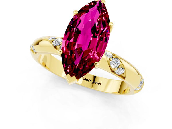 Yellow gold Marquise Cut Garnet Solitaire Engagement Ring with Twisted Round  Accent Band and Prong Setting