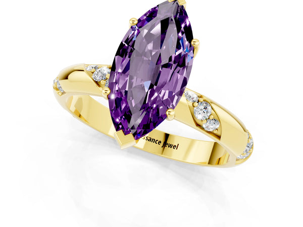 Yellow gold Marquise Cut Amethyst Solitaire Engagement Ring with Twisted Round  Accent Band and Prong Setting